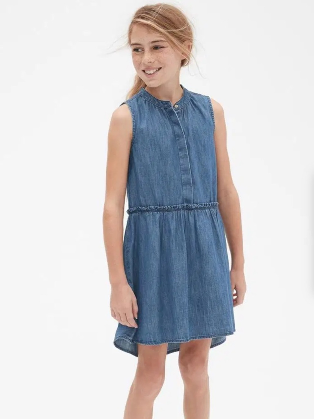 Gap Denim Chambray Girls Dress L Sleeveless 1/2 Button Close